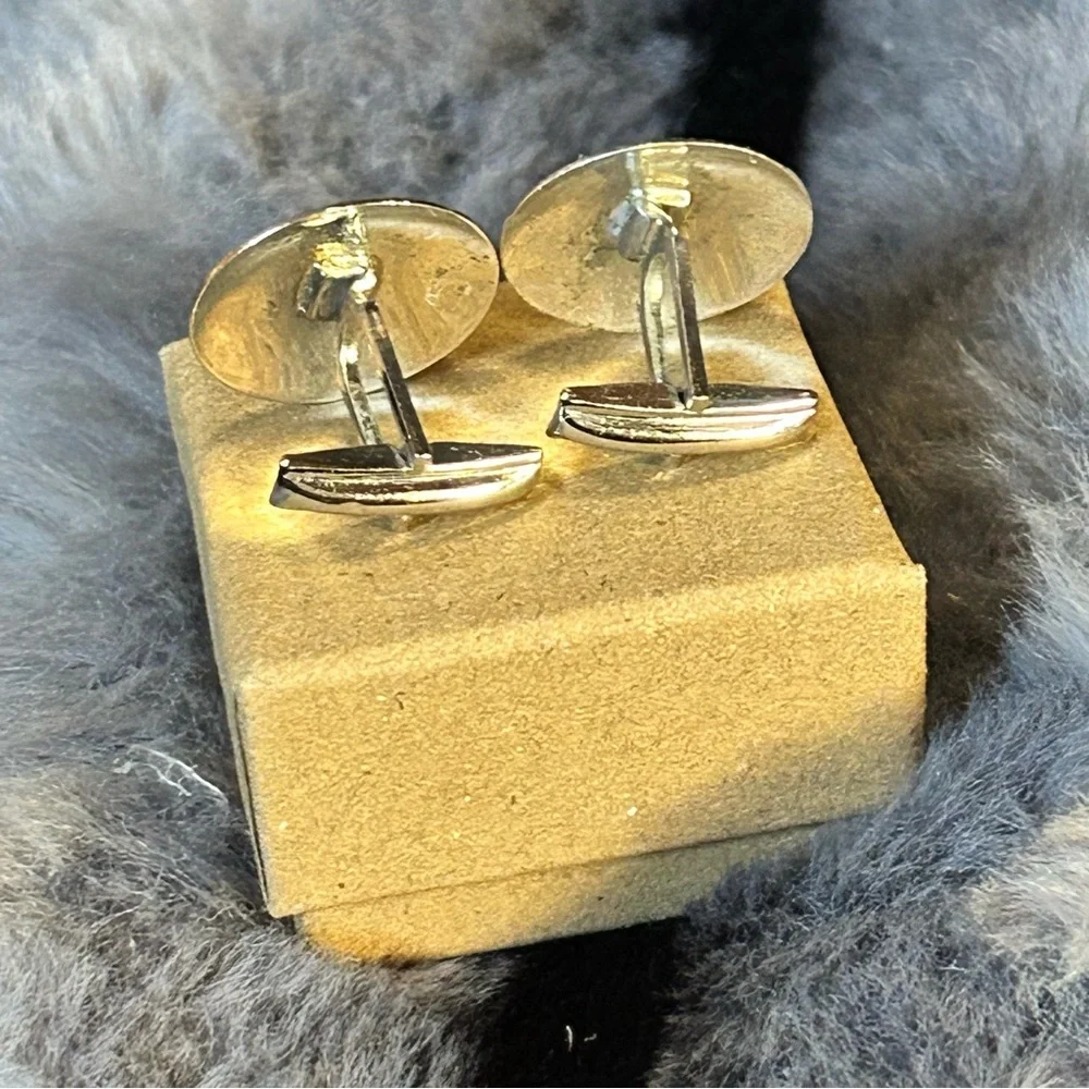 Gentleman’s Vintage JML Sterling art deco etched cat eye glass cuff links
